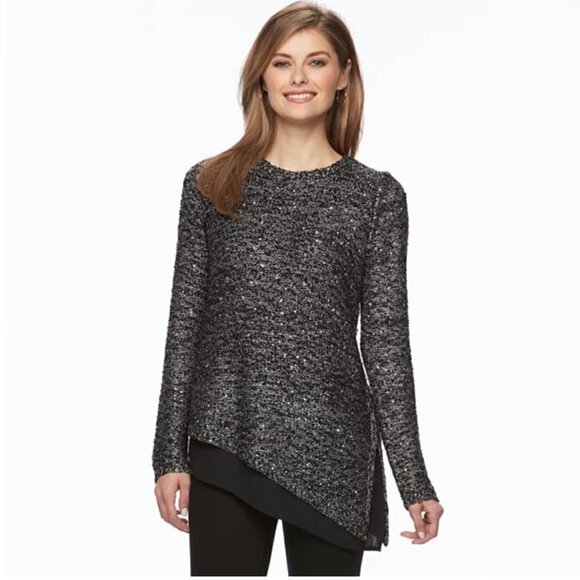 Apt. 9 Asymmetrical Crewneck Sequin Sweater Black Gray - Picture 1 of 14